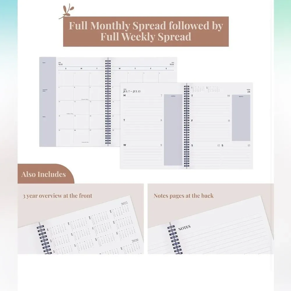 2025 Weekly Planner Annual & Monthly Planner Flexible Cover, Note  Pages, Blue